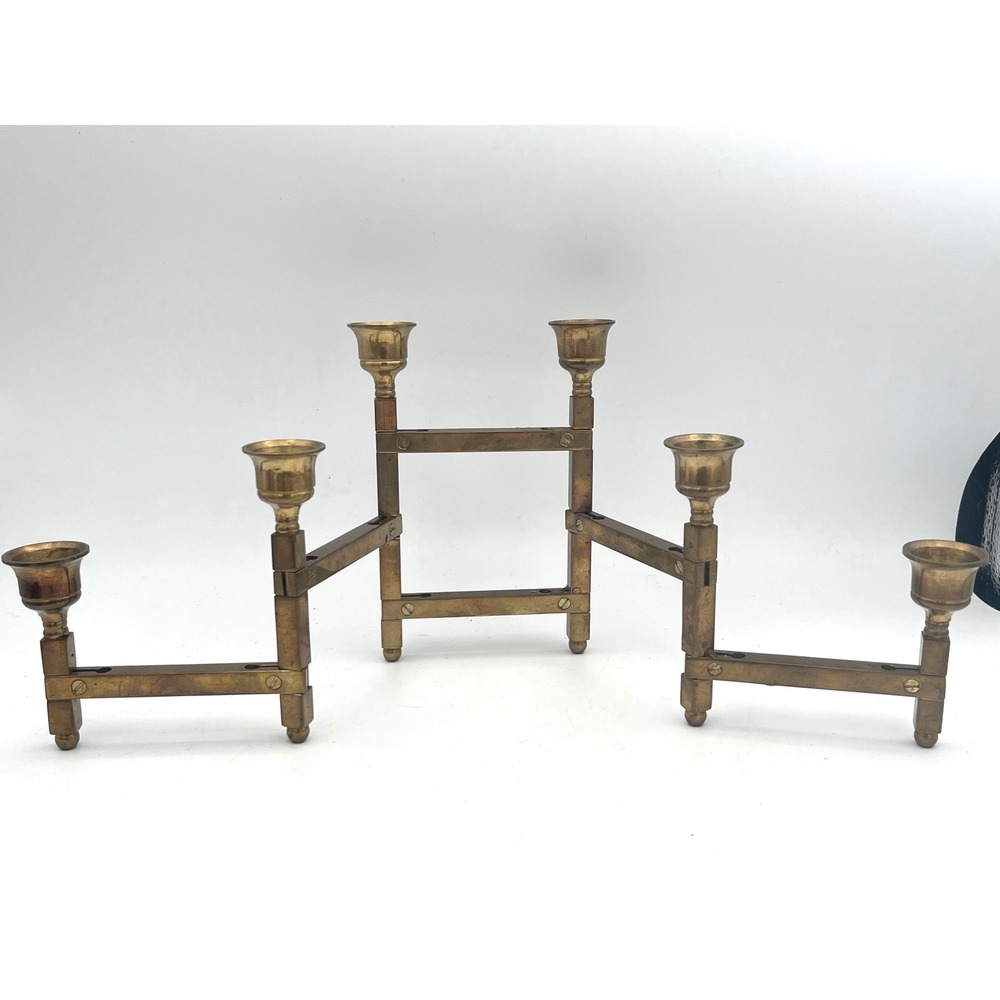 Vtg Danish Modern Brass Accordion Folding Candelabra 6 Light Candle Holder MCM